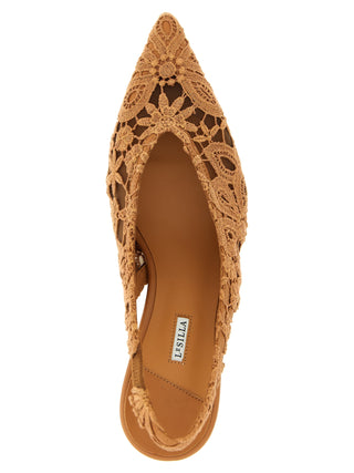 Brown Cotton Mid Heel Pumps