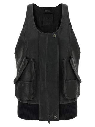 Black Lamb Leather Sleeveless Jacket