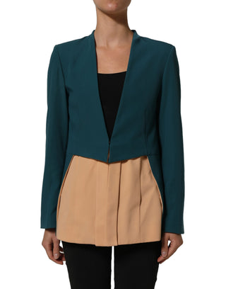 Dark Green Beige Polyester Overcoat Women Blazer Jacket