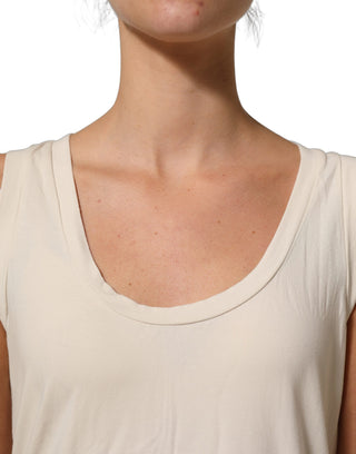 Beige Viscose Sleeveless Round Neck Women Tank Top