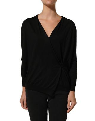 Black Silk Long Sleeves Draped Blouse Top