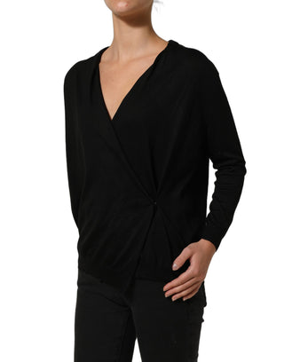 Black Silk Long Sleeves Draped Blouse Top