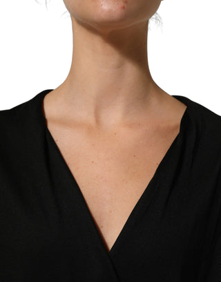 Black Silk Long Sleeves Draped Blouse Top