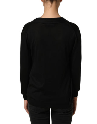 Black Silk Long Sleeves Draped Blouse Top
