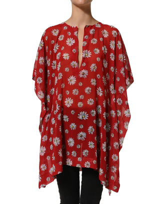 Red Floral V-neck Polyester Kaftan Blouse Top