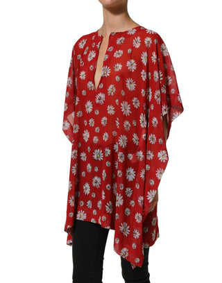Blusa tipo kaftán roja con estampado floral y cuello en V de poliéster