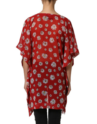 Blusa tipo kaftán roja con estampado floral y cuello en V de poliéster