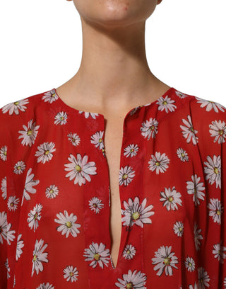 Blusa tipo kaftán roja con estampado floral y cuello en V de poliéster