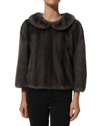 Dark Gray Mink Fur Round Collar Blouse Top