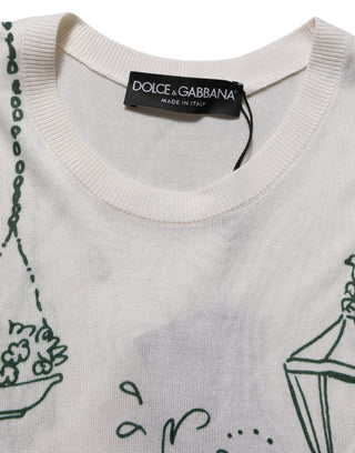 White Silk Knit Garden Fountain Print Tank Top
