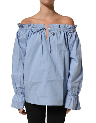 Light Blue Cotton Off Shoulder Long Sleeves Top