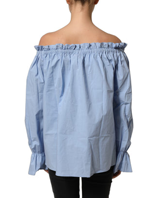 Light Blue Cotton Off Shoulder Long Sleeves Top