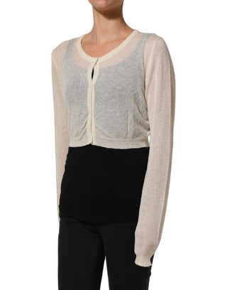 White Knit Cropped Wool Cardigan Sweater