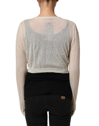 White Knit Cropped Wool Cardigan Sweater