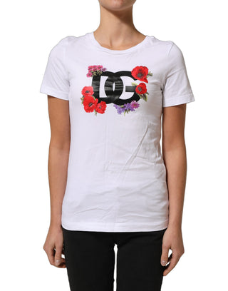White Floral Logo Cotton Round Neck T-shirt
