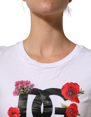 White Floral Logo Cotton Round Neck T-shirt