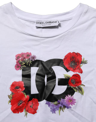 White Floral Logo Cotton Round Neck T-shirt