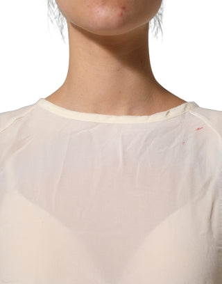Off White Silk Sheer Round Neck Short Sleeves Blouse Top