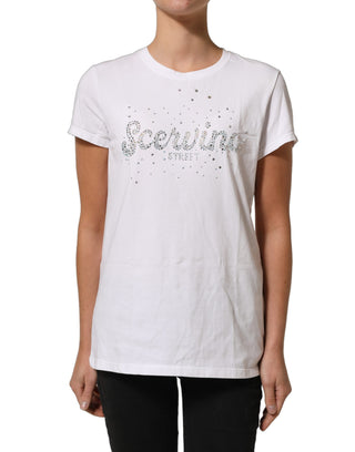 White Crew Neck Short Sleeves Embellished T-shirt