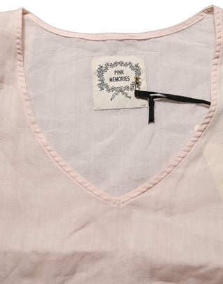 Blusa top rosa claro de lino con cuello en V y mangas largas