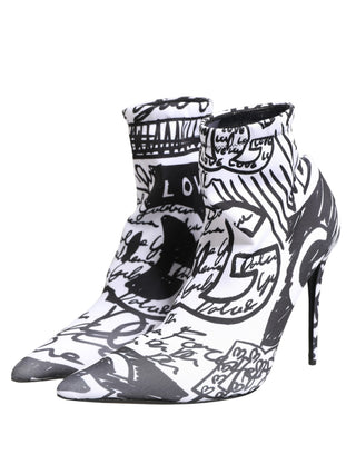 White Graffiti Stretch Ankle Boots Shoes