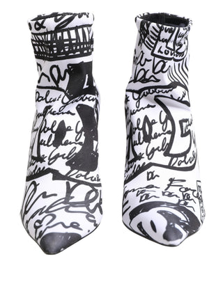 White Graffiti Stretch Ankle Boots Shoes