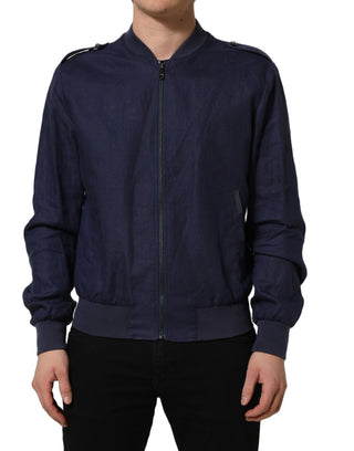 Blue Linen Full Zip Men Bomber Jacket