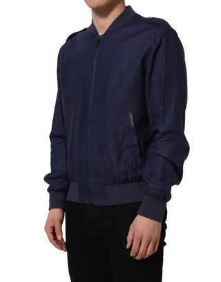 Blue Linen Full Zip Men Bomber Jacket