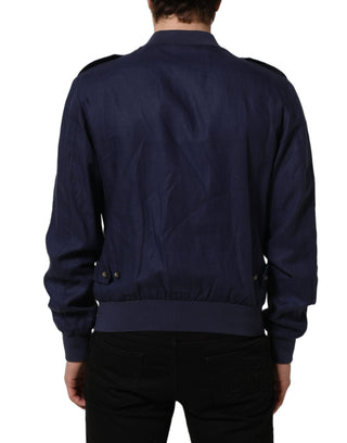 Blue Linen Full Zip Men Bomber Jacket