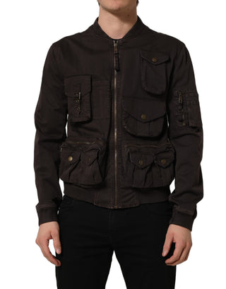 Brown Cotton Full Zip Men Bomber Jacket