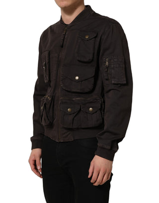 Brown Cotton Full Zip Men Bomber Jacket