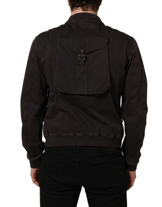 Brown Cotton Full Zip Men Bomber Jacket