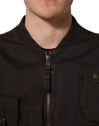 Brown Cotton Full Zip Men Bomber Jacket