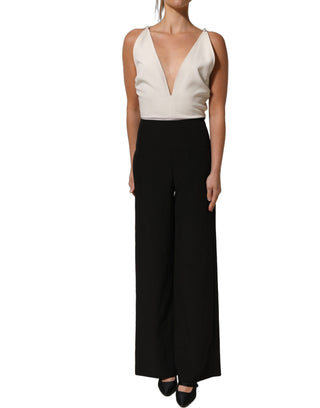 White Black Plunging Neck Sleeveless Bodysuit Dress