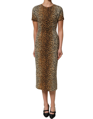 Brown Leopard Print Silk Sheath Midi Dress