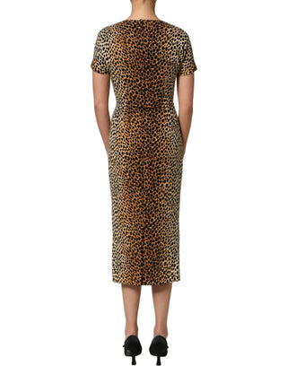 Brown Leopard Print Silk Sheath Midi Dress