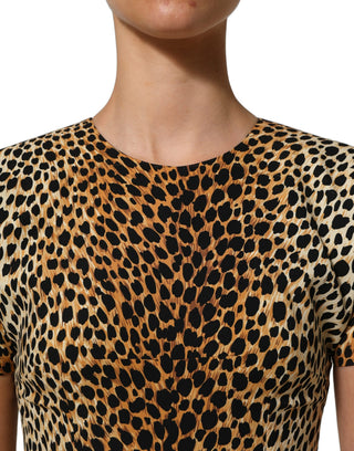 Brown Leopard Print Silk Sheath Midi Dress