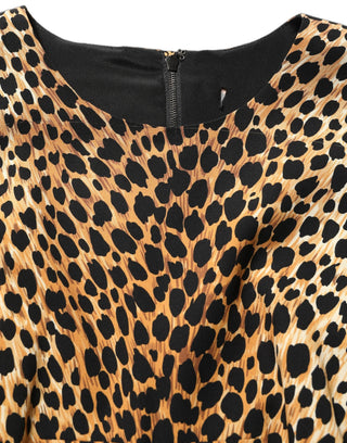 Vestido midi marrón de seda con estampado de leopardo