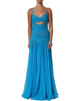 Vestido largo azul de gasa plisada de nailon con recortes