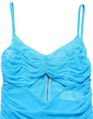 Blue Nylon Pleated Chiffon CutOut Gown Dress