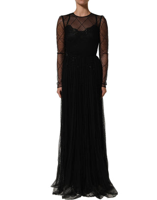 Vestido largo maxi negro de malla con encaje y mangas largas