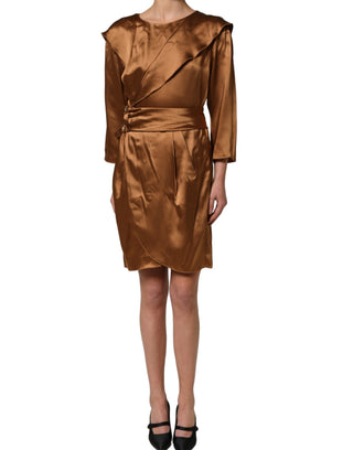 Brown Satin Acetate Wrap Sheath Mini Belted Dress