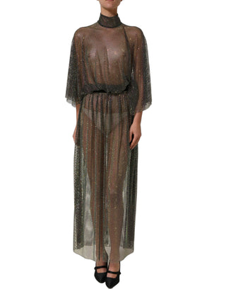 Black Rhinestone Mesh Turtleneck Maxi Dress