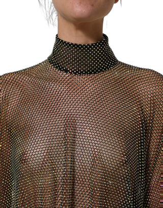 Black Rhinestone Mesh Turtleneck Maxi Dress
