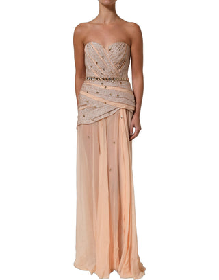 Nude Embellished Strapless Evening Gown Dress