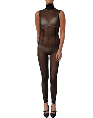 Mono vestido de malla transparente negra con cuello alto