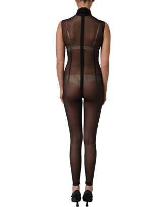 Mono vestido de malla transparente negra con cuello alto