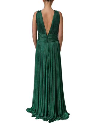 Metallic Green Sleeveless Plissé Gown Dress