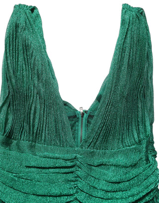 Metallic Green Sleeveless Plissé Gown Dress