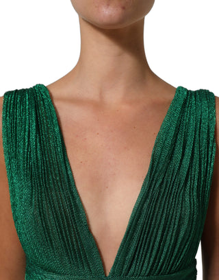 Metallic Green Sleeveless Plissé Gown Dress